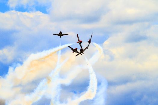 SPRINGBANK CANADA - JUL 20, 2015: The Snowbirds Demonstration Team demonstrate the skill, professionalism, and teamwork of Canadian Forces personnel during the Wings Over Lethbridge..