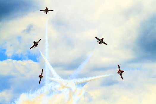 SPRINGBANK CANADA - JUL 20, 2015: The Snowbirds Demonstration Team demonstrate the skill, professionalism, and teamwork of Canadian Forces personnel during the Wings Over Lethbridge..