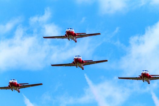 SPRINGBANK CANADA - JUL 20, 2015: The Snowbirds Demonstration Team demonstrate the skill, professionalism, and teamwork of Canadian Forces personnel during the Wings Over Lethbridge..