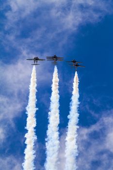 SPRINGBANK CANADA - JUL 20, 2015: The Snowbirds Demonstration Team demonstrate the skill, professionalism, and teamwork of Canadian Forces personnel during the Wings Over Lethbridge..