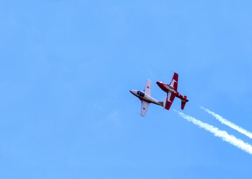 SPRINGBANK CANADA - JUL 20, 2015: The Snowbirds Demonstration Team demonstrate the skill, professionalism, and teamwork of Canadian Forces personnel during the Wings Over Lethbridge..