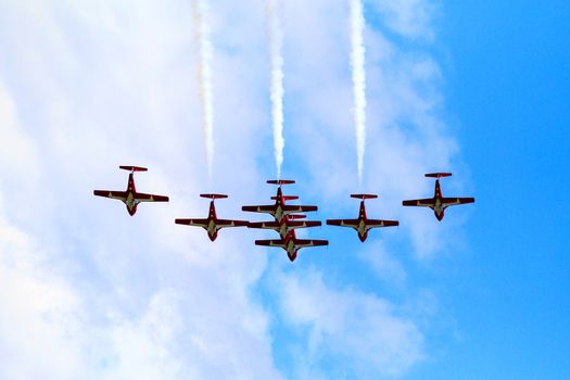 SPRINGBANK CANADA - JUL 20, 2015: The Snowbirds Demonstration Team demonstrate the skill, professionalism, and teamwork of Canadian Forces personnel during the Wings Over Lethbridge.