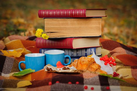 Romantic autumn still life with blanket, croissant, book, coffee cups and leaves, top view