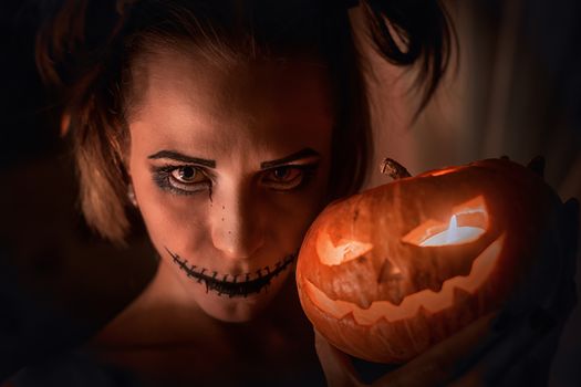 Horrible girl with scary mouth and eyes, halloween theme