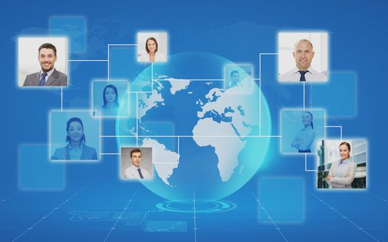 business, people, social network and head hunting concept - pictures of businesspeople over world map and blue background