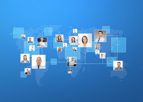 business, people, social network and head hunting concept - pictures of businesspeople over world map and blue background