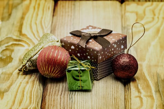 Christmas card with fir and decor on wood floor, christmas object