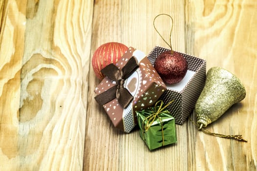 Christmas card with fir and decor on wood floor, christmas object