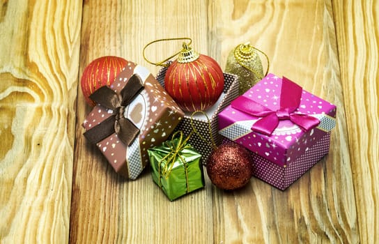 Christmas card with fir and decor on wood floor, christmas object