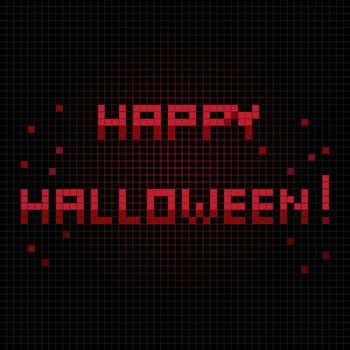 Halloween greetings card, pixel illustration of a scoreboard composition with digital  text and blood sprinkles