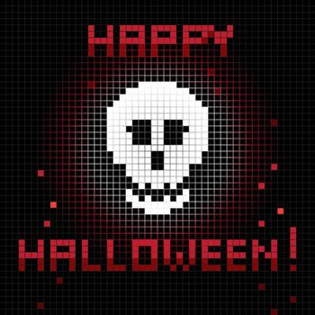 Halloween greetings card, pixel illustration of a scoreboard composition with digital drawing of a skull laughing and holiday text