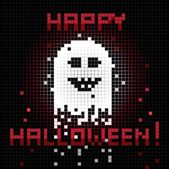 Halloween funny greetings card, pixel illustration of a scoreboard composition with digital drawing of a ghost laughing and holiday text