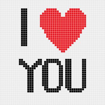 I love you, pixel illustration of a scoreboard composition with digital text and heart shape