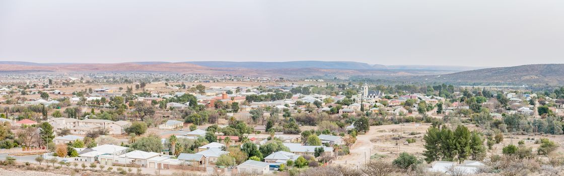 PRIESKA, SOUTH AFRICA - AUGUST 24, 2015: Sunrise panorama of Prieska in the Northern Cape Province of South Africa. The Gariep River is visible in the back