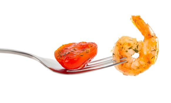 Shrimp Linguine on a fork, isolated on white background