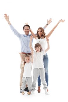 Happy family with raised hands up isolated on white background