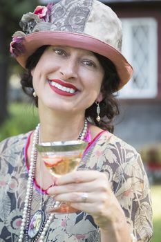 Beautiful 1920s Dressed Girl With Glass of Wine Portrait.