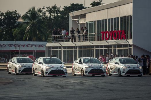 Udon Thani, Thailand - October 18, 2015: Toyota Vios perform drifting on the track at the event Toyota Motor Sport show at Udon Thani, Thailand. The car were drive by drivers from Toyota teams Thailand.