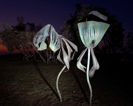 AUSTRALIA, Sydney: The Sculpture by the Sea exhibition in Sydney is photographed here on October 26, 2015 as the sun rises. The sculptures can be seen between Bondi and Tamarama and runs from October 22 to November 8, 2015. Artist: Andrew Rogers - Flora exemplar II