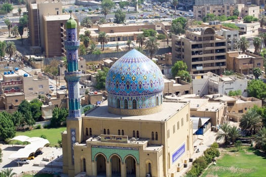 IRAQ, Baghdad: Aerial stock shots of the city of Baghdad, showing two of the main mosques, residential complexes and the Tigris River and bridges, photographed by Rasoul Ali on September 21, 2015. 