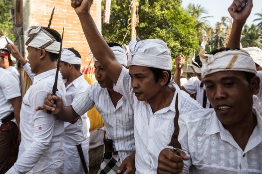 INDONESIA, BALI, Selumbung: Balinese men in Selumbung village celebrate the sacred  Ngusaba Puseh  ritual on September 30, 2015, the men are holding ceremonial daggers known as 'kerises'.Participants of the festival are typically in a trance-like state, with some individuals entering a trance that is so strong they stab themselves with the ceremonial dagger.