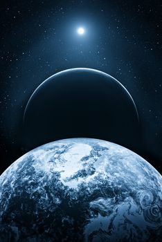 Illustration of a fictional blue universe space with planets