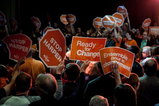 CANADA, Toronto: Tom Mulcair, the leader of the NDP gave a speech at a rally in Toronto on October 18, 2015 ahead of the federal election. Deputy Leader of the NDP, Jagmeet Singh and Jennifer Hollet, NDP Candidate  for University-Rosedale also joined Mulcair at The Westin Harbour Castle on the campaign.