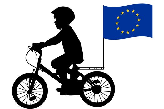 A kid silhouette rides a bicycle with European Union flag
