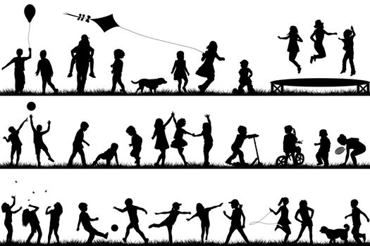 Set of children silhouettes playing outdoor