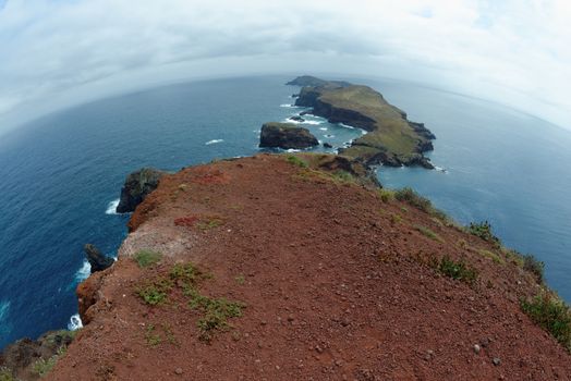 Fisheye view of Cape Ponta de Sao Lourenco, the most eastern edge of Madeira island, Portugal