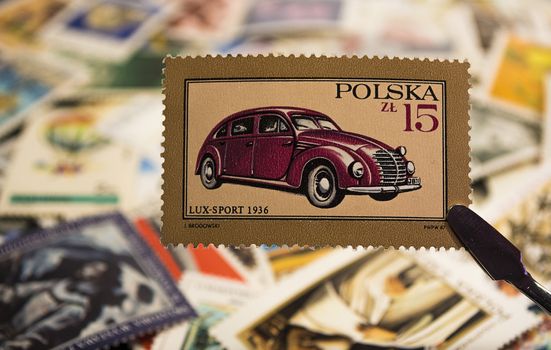 Philately - Postage stamp with car LUX -Sport 1936