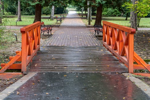 Countryside landscape. Bench and bridge over the stream