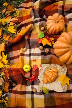Romantic autumn still life with blanket, cake, pumpkins, croissant,coffee cups and leaves, top view