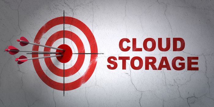 Success privacy concept: arrows hitting the center of target, Red Cloud Storage on wall background