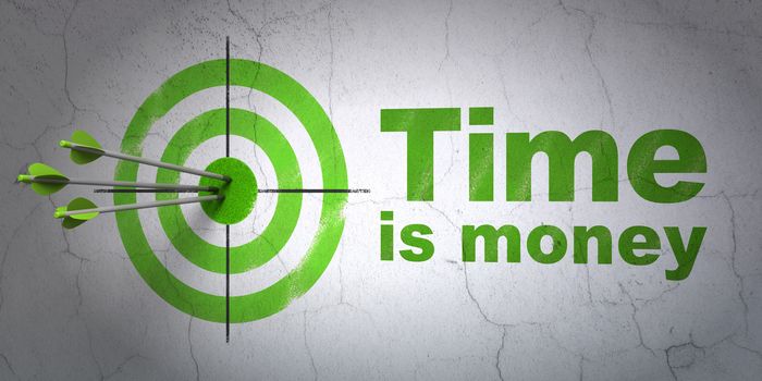 Success finance concept: arrows hitting the center of target, Green Time Is money on wall background