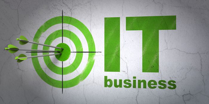 Success business concept: arrows hitting the center of target, Green IT Business on wall background