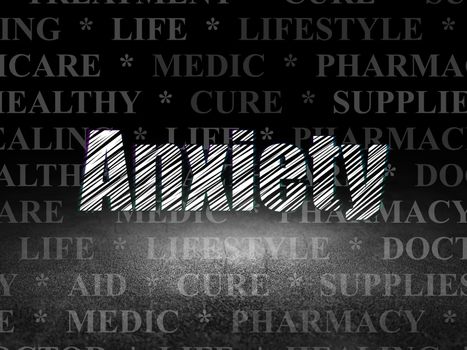 Medicine concept: Glowing text Anxiety in grunge dark room with Dirty Floor, black background with  Tag Cloud