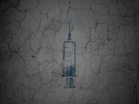 Health concept: Blue Syringe on grunge textured concrete wall background