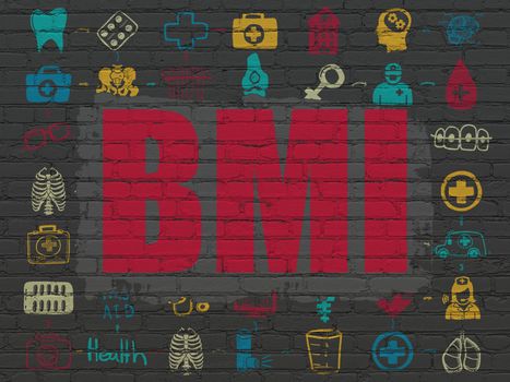 Healthcare concept: Painted red text BMI on Black Brick wall background with Scheme Of Hand Drawn Medicine Icons