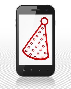 Holiday concept: Smartphone with red Party Hat icon on display