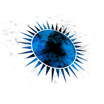 Travel concept: Pixelated blue Sun icon on Digital background