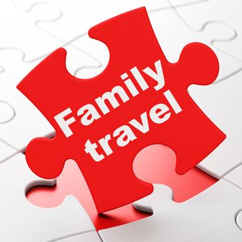 Travel concept: Family Travel on Red puzzle pieces background, 3d render