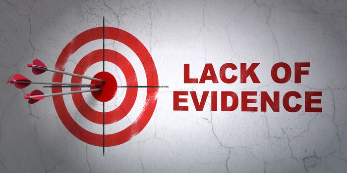 Success law concept: arrows hitting the center of target, Red Lack Of Evidence on wall background