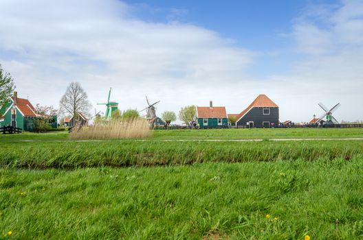 Windmills and rural houses in Zaanse Schans, The Netherlands.