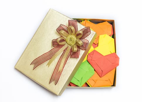 Multicolored Weave hearts in golden gift box, Valentine gift