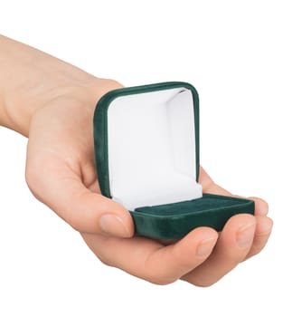 Empty ring box in humans hand on isolated white background