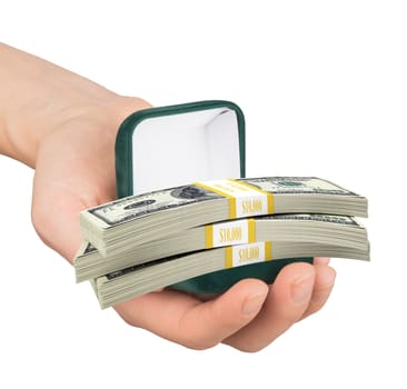 Empty ring box with cash in humans hand on isolated white background
