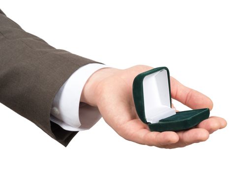 Open empty ring box in businessmans hand on isolated white background