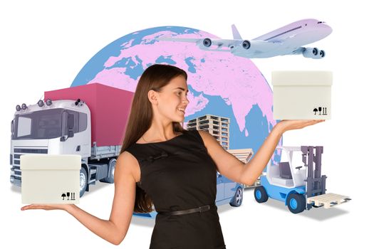 Businesswoman holding white boxes on abstract background with transport