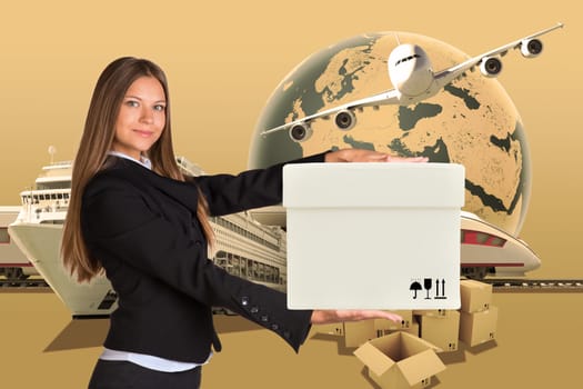Businesswoman holding white box on abstract background with transport